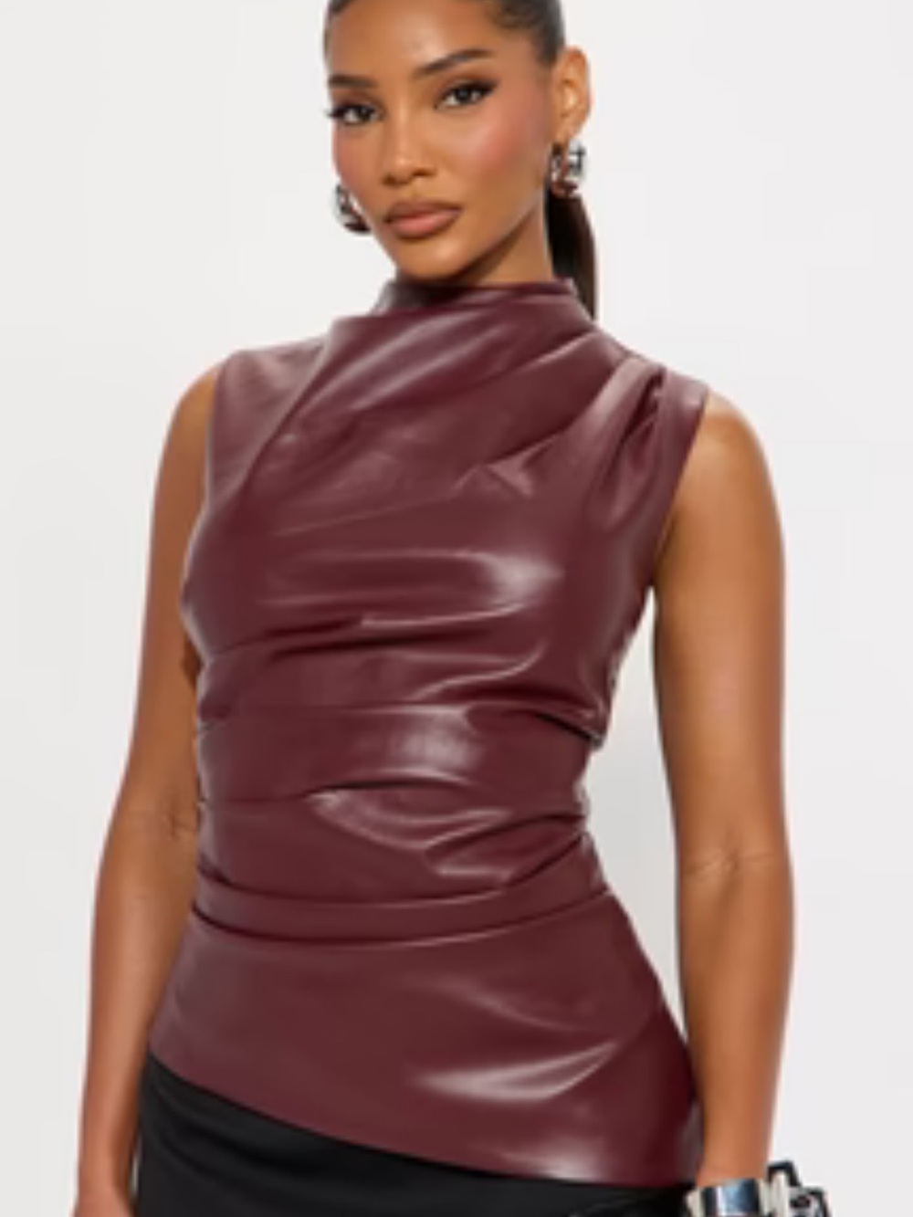 Estelle Faux Leather Mock Neck Top - Burgundy	




Size: L (runs small)